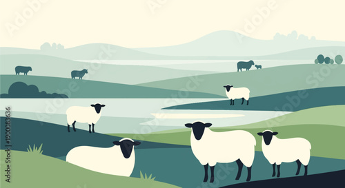 Gentle rolling hills and calm waters dotted with fluffy white sheep