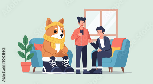 Friendly dogs and people interacting indoors on couches with plant
