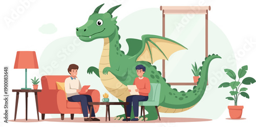 Friendly green dragon sits with two men in an indoor setting