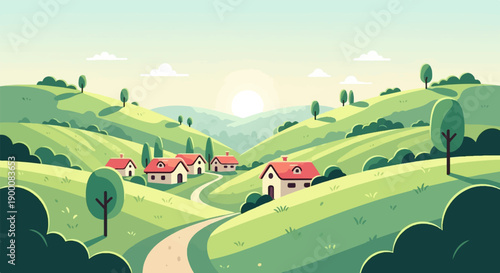 Gentle rolling hills meet a quaint village under a soft, warm sun