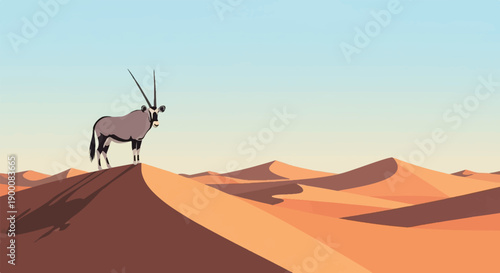 Oryx stands on a desert dune under a pale blue sky