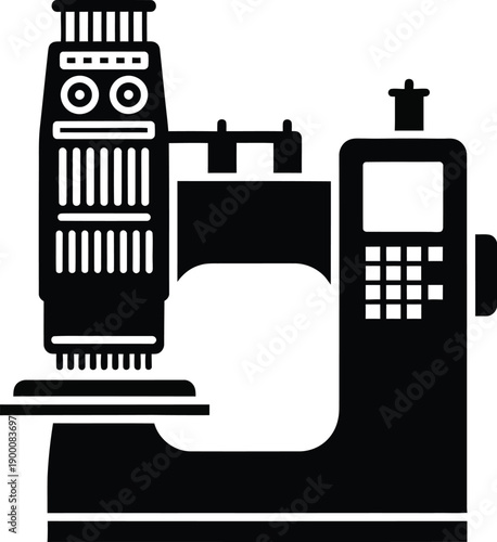 Black silhouette icon representing a sophisticated industrial machine, possibly a high-precision sewing or inspection device