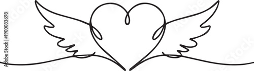 A continuous line drawing of a heart with attached wings