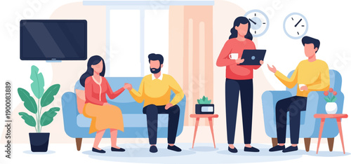 People gathered in a living room for a casual meeting, with a TV