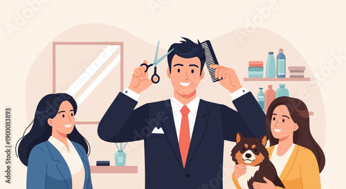 Man with scissors and comb with two women and dog