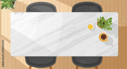 Overhead view of a marble table with two chairs, coffee, and a plant