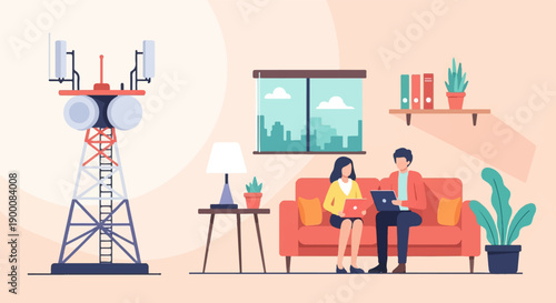 Indoor scene with communication tower, people working on laptops