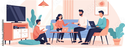 People gathered in a living room, some working on laptops, others conversing