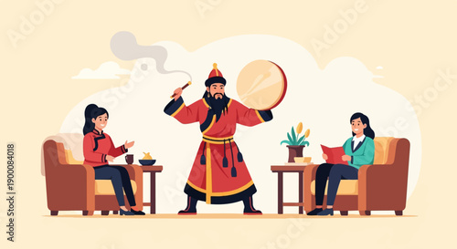 People gathered in a living room, one plays a drum