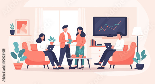 People collaborate and work on laptops in a modern living room setting