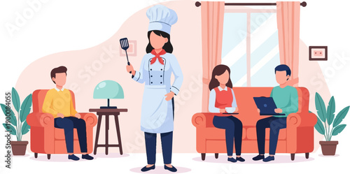 People gathered in a living room, with a chef and a lamp on a table