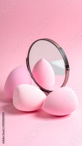 Makeup Sponges and Mirror on Pink Background - Beauty Essentials.