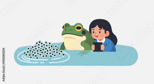 Girl observing frog spawn with digital device in hand