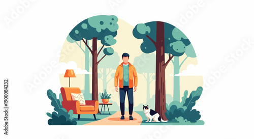 Man with cat in a serene forest with armchair and lamp