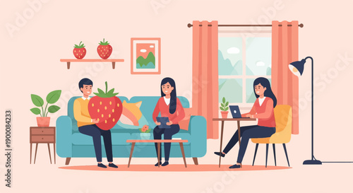 People gathered indoors with large strawberry and laptop