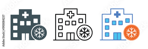 Cryosurgery simple hospital building with snowflake dermatology badge, medical clinic icon, cold therapy treatment concept, healthcare center symbol, minimal flat vector illustration isolated o