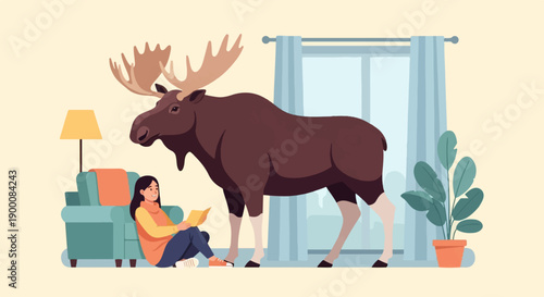 Girl reads book near large moose inside cozy room with plants