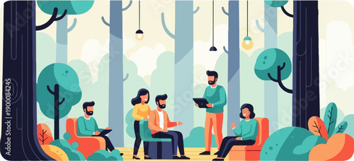 People gathered outdoors in a forest setting, discussing ideas