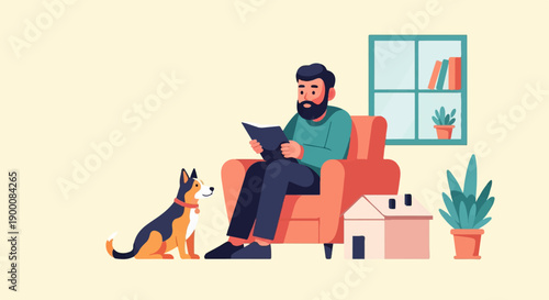 Man with beard reading book in armchair with dog and plants indoors