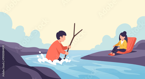 Man wades through water with stick; woman relaxes on shore
