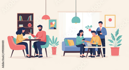 People in a cafe and office setting, illustrated with plants