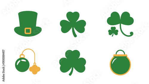 Set of St Patrick’s Day holiday symbols including shamrock hat horseshoe gold and Irish luck icons isolated on white background vector collection