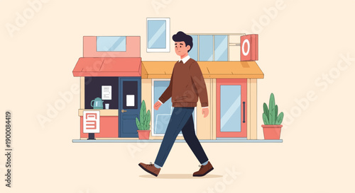 Man walking past a shop with plants and a sign with a circular shape