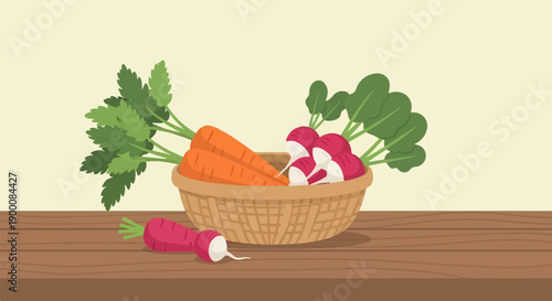 Fresh carrots and radishes in a woven basket on a wooden table