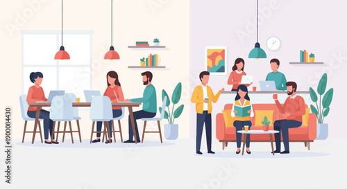 People collaborating and relaxing in modern interior spaces