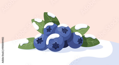 Fresh blueberries with snow-dusted leaves on a pale background
