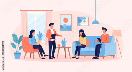 People in a cozy living room, working and discussing