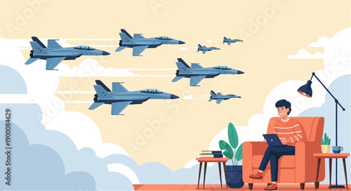 Man relaxing indoors on laptop while fighter jets fly overhead