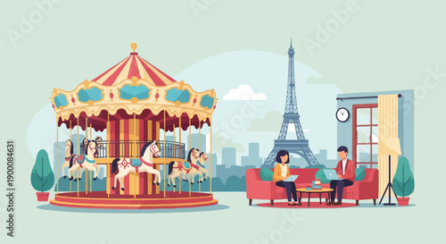 Paris scene with carousel, Eiffel Tower, and people working indoors