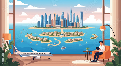 Man relaxing indoors, viewing a vibrant city skyline over a tropical island