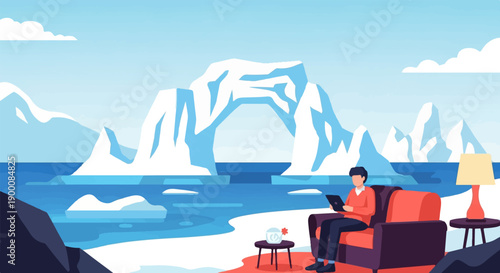 Man relaxes on couch in arctic landscape, working on tablet