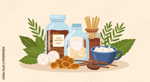 Ingredients for health remedies and natural remedies on a neutral background