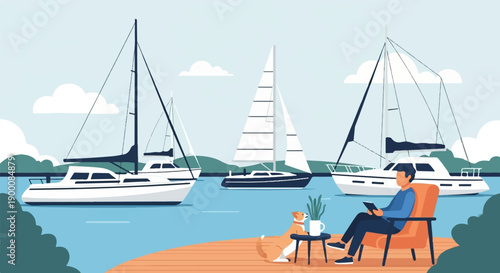 Man relaxes by water with dog and sailboats in background