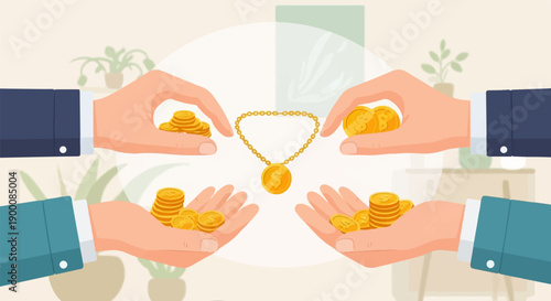 Hands exchange coins and a gold pendant, symbolizing financial transactions