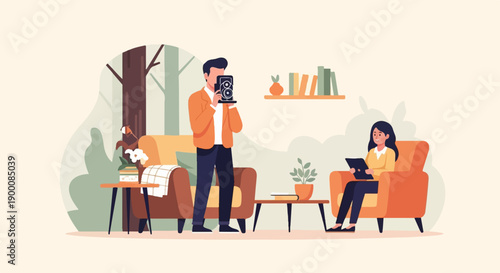 Man photographs woman reading in cozy living room