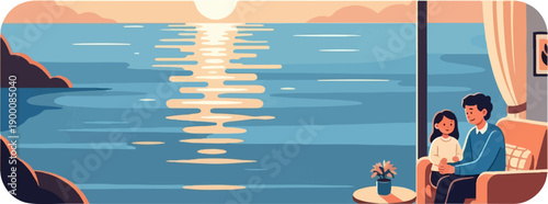 Peaceful evening scene with a father and child viewing a sunset over the ocean