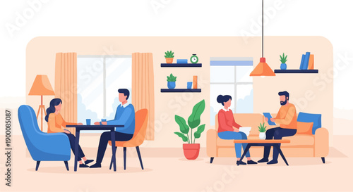 People in a modern living room having discussions around tables and a sofa