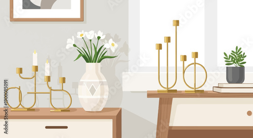 Golden candelabra and flowers adorn a minimalist room interior
