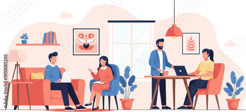 Four people working and socializing in a modern, comfortable office-like space