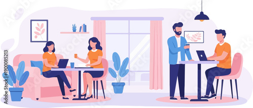 Four people working and socializing in a bright, modern co-working space