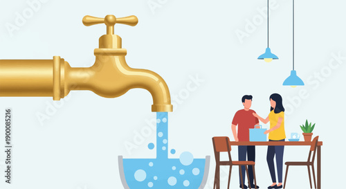 Golden faucet pours water into a basin; couple at a table