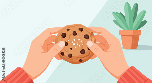Hands holding a chocolate chip cookie with sea salt flakes and a potted plant