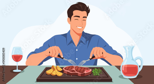 Man joyfully enjoys a steak dinner with wine and potatoes