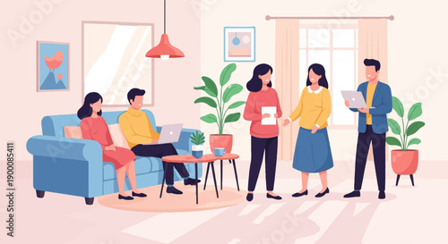 People collaborating in a bright, modern living room with plants and technology