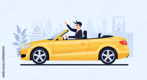 Man in suit drives yellow convertible, pointing finger, city skyline backdrop