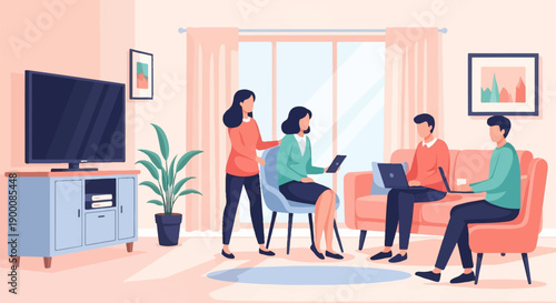 Four people working and relaxing in a modern living room with a TV